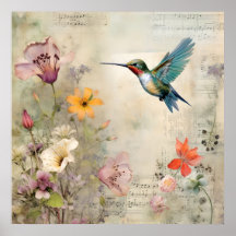 Musique vintage Floral Français Colibri Art