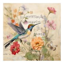 Musique vintage Floral Français Colibri Art