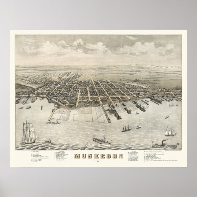 Poster Muskegon, MI Carte panoramique -1874 (Devant)