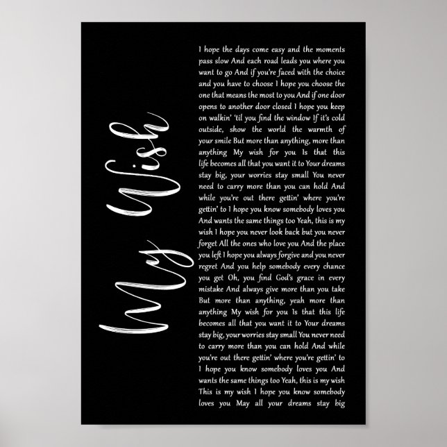 Poster My Wish Black Script Chanson Lyric Wall Art Imprim (Devant)