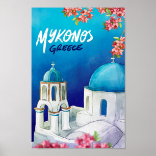 Poster Mykonos Grèce Art Aquarelle Illustration de voyage