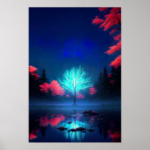 Poster Mystère de la Lune, arbre énigmatique Baigné de bl