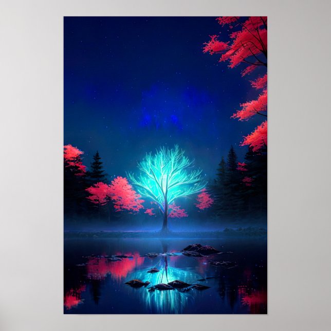 Poster Mystère de la Lune, arbre énigmatique Baigné de bl (Devant)