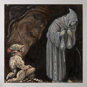 Poster Mystère Figure dans Cloak à capuchon avec garçon