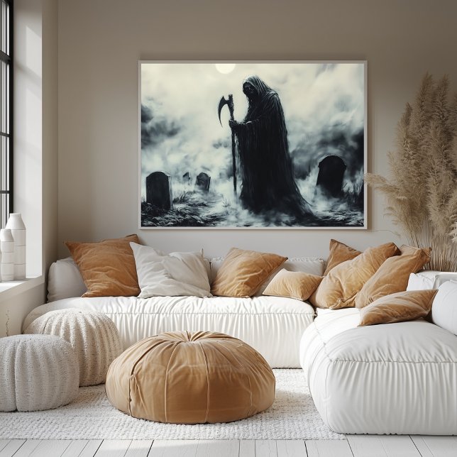 Poster Mystérieuse Faucheuse Grim dans un cimetière Foggy (Créateur téléchargé)