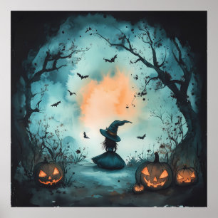 Poster Mystérieuse petite sorcière et Jack-O'-Lantern