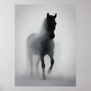 Poster Mystérieux Cheval Noir émergeant du Mist
