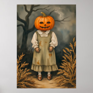Poster Mysterious Girl with Citrouille Head - Éffrayant