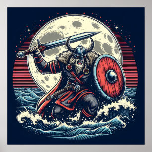 Poster Mystic Crimson Red & White Warrier Moonlit Viking