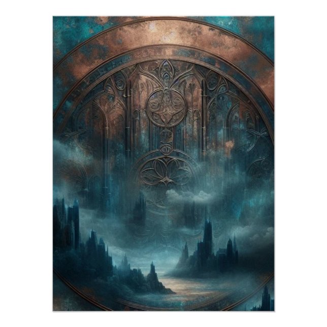 Poster Mystic Gothic Steampunk Art - Blue Copper Patina  (Devant)