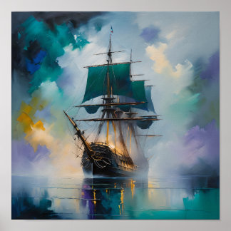 Poster Mystic Tall Ship in Fog – Dreamlike Nautical Paint