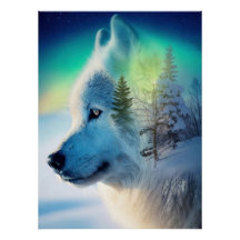 Mystical Arctic Wolf & Aurora Borealis Double Expo