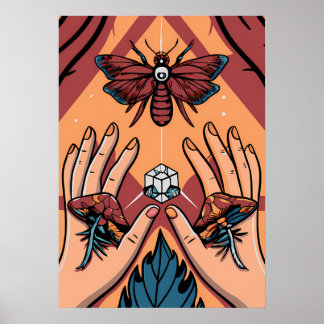 Poster Mystical Hands Offering Fungi to Moth Spirit