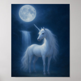 Poster Mystical Moonlight Unicorn & Waterfall Fantasy Art