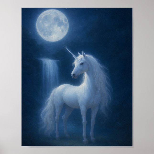 Poster Mystical Moonlight Unicorn & Waterfall Fantasy Art (Devant)