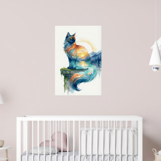 Poster Mystical Sunset Cat Double Exposure Watercolor