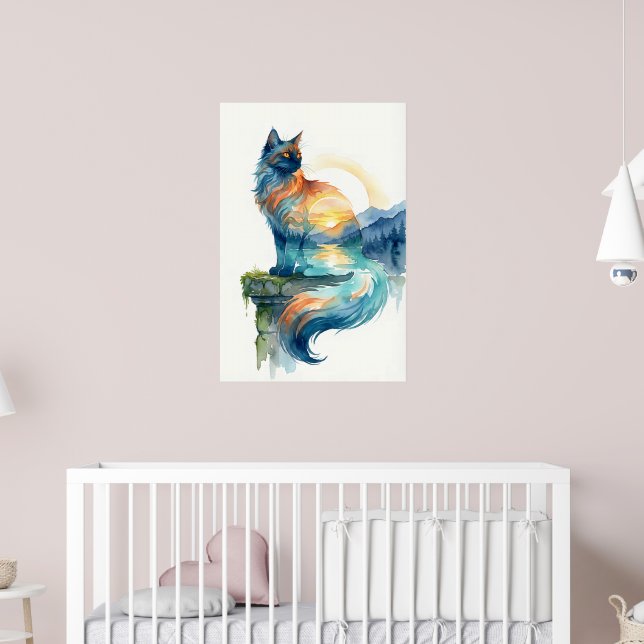 Poster Mystical Sunset Cat Double Exposure Watercolor (Pépinière 2)
