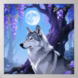 Poster Mystical Wolf and Wisteria Moon Fantasy Art Print