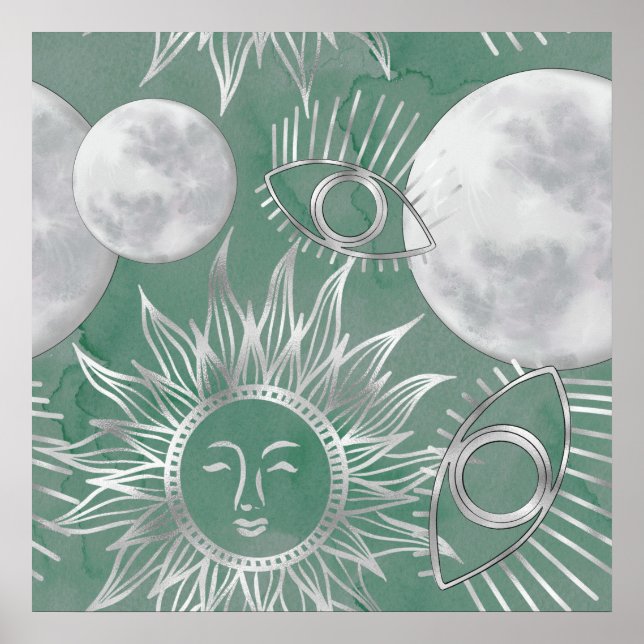 Poster Mystique solaire | Dusty Green Silver Moon Stars S (Devant)
