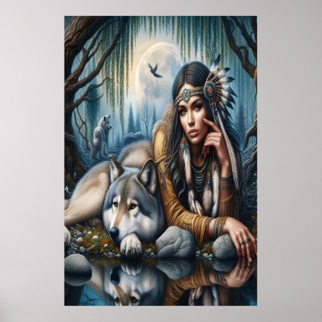 Poster Mystique Une Américaine Autochtone Avec Loups 24x3 (Devant)