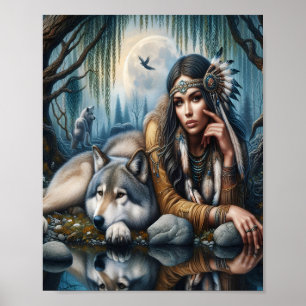 Poster Mystique Une Femme Amérindienne Avec Loups 10x8