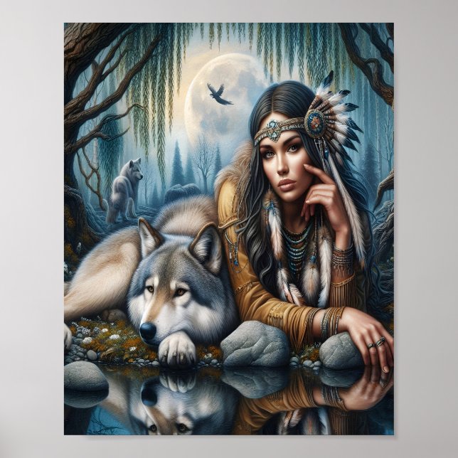 Poster Mystique Une Femme Amérindienne Avec Loups 10x8 (Devant)