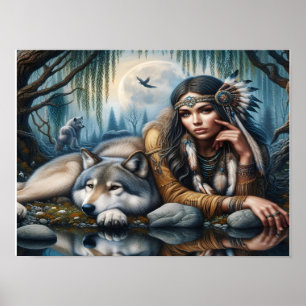 Poster Mystique Une Femme Amérindienne Avec Loups 16x12
