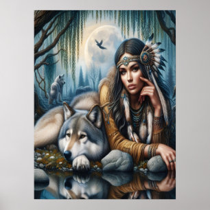 Poster Mystique Une Femme Amérindienne Avec Loups 18x24