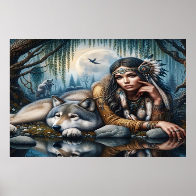 Poster Mystique Une Femme Amérindienne Avec Loups 36x24 (Devant)