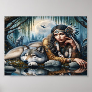 Poster Mystique Une Femme Amérindienne Avec Loups 5x7