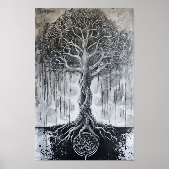 Poster Mythologie Norse Yggdrasil Traditionnel Art Noir P (Devant)