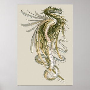 Poster Mythologie vintage, Dragon ailé avec une queue de 