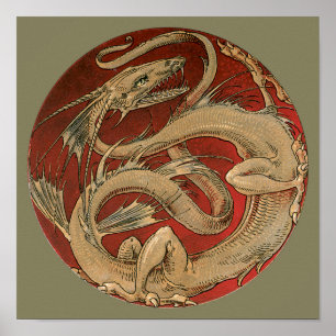 Poster Mythologie vintage, dragon asiatique doré antique