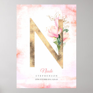 Poster N Lettre Feuilles d'or Monogram rose Magnolia Flor