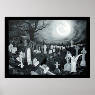 Poster Nachts auf dem Friedhof Engel mit Teufel