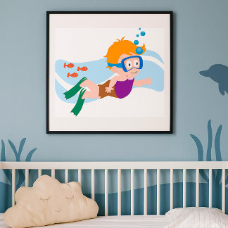 Poster Nager Garçon en lunettes et Casquette de natation