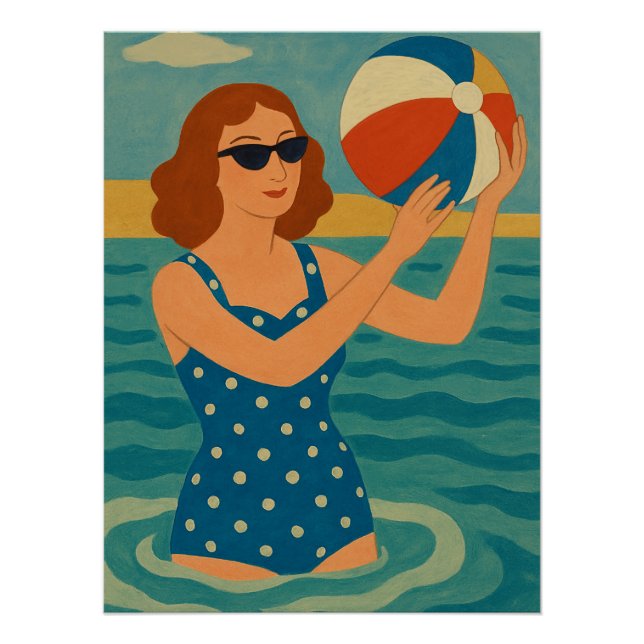Poster Nageur vintage avec ballon de plage (Devant)
