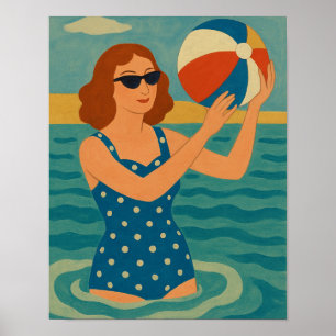 Poster Nageur vintage avec ballon de plage