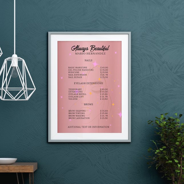 Poster Nail Tech Esthétique Liste de prix Rose Or (Nail Tech Esthetician Price List Rose Gold Poster)
