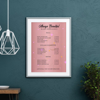 Poster Nail Tech Esthétique Liste de prix Rose Or