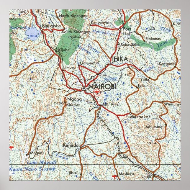 Poster Nairobi Kenya Carte topographique (Devant)