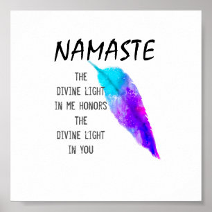 Poster Namaste quote on purple turquoise feather art 
