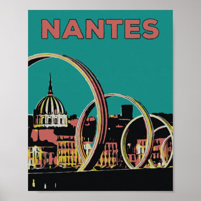 Poster Nantes France vue de la ville de nuit (Devant)