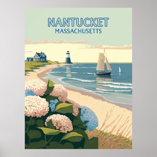 Poster Nantucket Beach Hydrangeas Lighthouse Rétro (Devant)