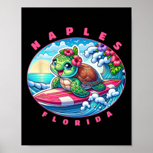 Poster Naples Floride Jolie Fille Surfant Tortue de Mer 