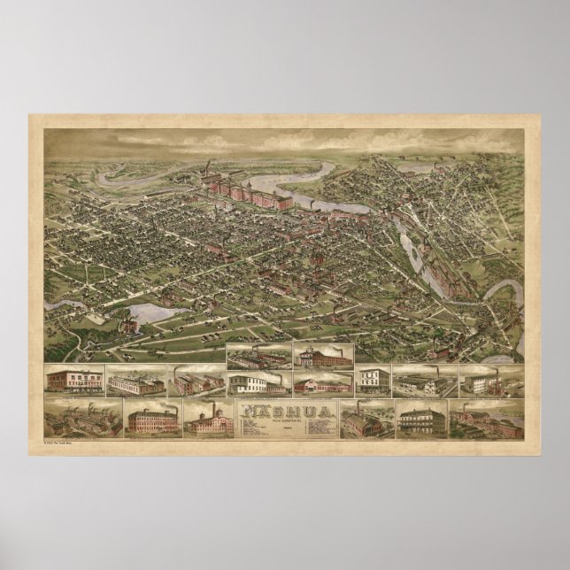 Poster Nashua NH panoramique birdseye view 1883 (Devant)