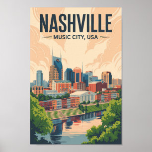 Poster Nashville Tennessee Skyline Travel Art Vintage