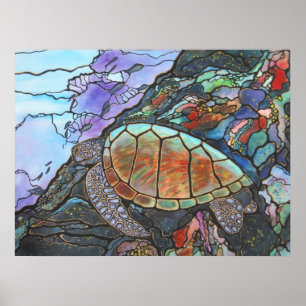Poster Natation de tortue de mer par un récif coralien