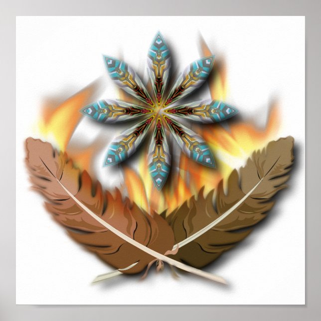 Poster natif plumes de faucon à queue rouge et flammes nu (Devant)