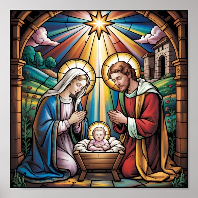 Poster Nativity Stained Glass Art – Holy Family Christmas (Devant)